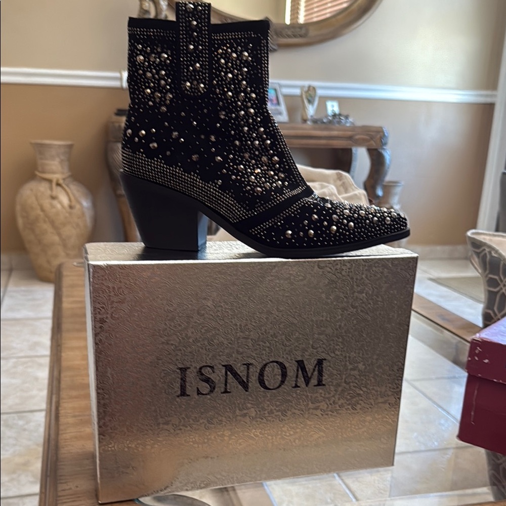 Black Studded Ankle Booties with Chunky Heel